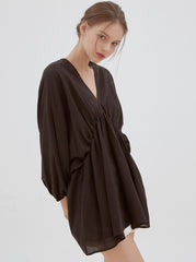 Relaxed Fit Linen Top with Gathered Waist and Deep V-Neckline for Effortless Statement Styling