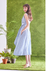 Striped Linen Midi Dress with Square Neckline, Waist Tie, and Double-Breasted Button Detail