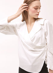 Women's White Linen Wrap Blouse – Long Sleeve V-Neck Linen Shirt with Tailored Button Detail