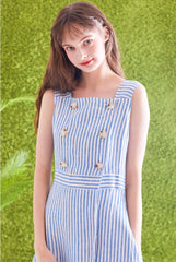 Striped Linen Midi Dress with Square Neckline, Waist Tie, and Double-Breasted Button Detail