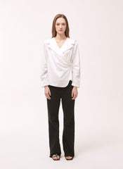 Women's White Linen Wrap Blouse – Long Sleeve V-Neck Linen Shirt with Tailored Button Detail