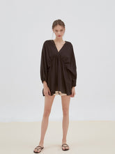 Relaxed Fit Linen Top with Gathered Waist and Deep V-Neckline for Effortless Statement Styling