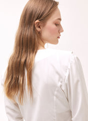 Women's White Linen Wrap Blouse – Long Sleeve V-Neck Linen Shirt with Tailored Button Detail