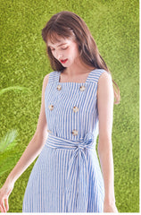 Striped Linen Midi Dress with Square Neckline, Waist Tie, and Double-Breasted Button Detail