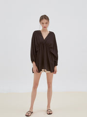 Relaxed Fit Linen Top with Gathered Waist and Deep V-Neckline for Effortless Statement Styling