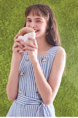 Striped Linen Midi Dress with Square Neckline, Waist Tie, and Double-Breasted Button Detail