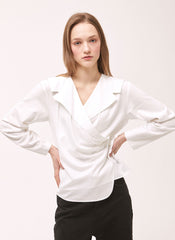 Women's White Linen Wrap Blouse – Long Sleeve V-Neck Linen Shirt with Tailored Button Detail