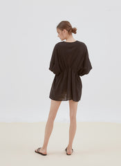 Relaxed Fit Linen Top with Gathered Waist and Deep V-Neckline for Effortless Statement Styling