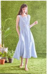 Striped Linen Midi Dress with Square Neckline, Waist Tie, and Double-Breasted Button Detail