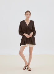 Relaxed Fit Linen Top with Gathered Waist and Deep V-Neckline for Effortless Statement Styling
