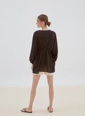 Relaxed Fit Linen Top with Gathered Waist and Deep V-Neckline for Effortless Statement Styling