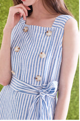 Striped Linen Midi Dress with Square Neckline, Waist Tie, and Double-Breasted Button Detail