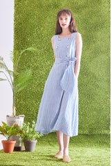 Striped Linen Midi Dress with Square Neckline, Waist Tie, and Double-Breasted Button Detail