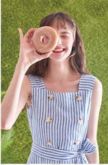 Striped Linen Midi Dress with Square Neckline, Waist Tie, and Double-Breasted Button Detail