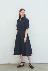 Cotton Poplin Midi Shirt Dress with Elbow-Length Sleeves and Structured Fit-and-Flare Silhouette