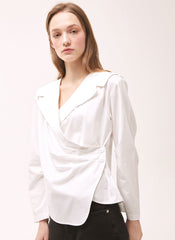 Women's White Linen Wrap Blouse – Long Sleeve V-Neck Linen Shirt with Tailored Button Detail