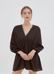 Relaxed Fit Linen Top with Gathered Waist and Deep V-Neckline for Effortless Statement Styling