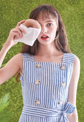 Striped Linen Midi Dress with Square Neckline, Waist Tie, and Double-Breasted Button Detail