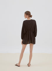 Relaxed Fit Linen Top with Gathered Waist and Deep V-Neckline for Effortless Statement Styling