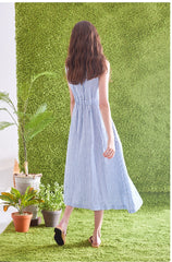 Striped Linen Midi Dress with Square Neckline, Waist Tie, and Double-Breasted Button Detail