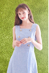 Striped Linen Midi Dress with Square Neckline, Waist Tie, and Double-Breasted Button Detail