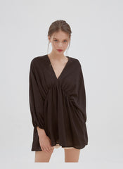 Relaxed Fit Linen Top with Gathered Waist and Deep V-Neckline for Effortless Statement Styling