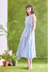 Striped Linen Midi Dress with Square Neckline, Waist Tie, and Double-Breasted Button Detail