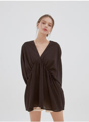 Relaxed Fit Linen Top with Gathered Waist and Deep V-Neckline for Effortless Statement Styling
