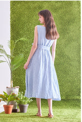 Striped Linen Midi Dress with Square Neckline, Waist Tie, and Double-Breasted Button Detail