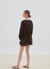 Relaxed Fit Linen Top with Gathered Waist and Deep V-Neckline for Effortless Statement Styling