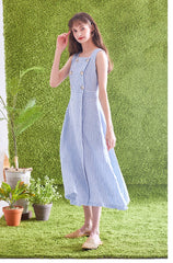 Striped Linen Midi Dress with Square Neckline, Waist Tie, and Double-Breasted Button Detail