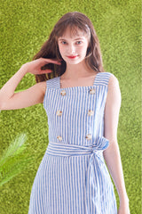 Striped Linen Midi Dress with Square Neckline, Waist Tie, and Double-Breasted Button Detail