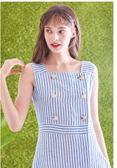 Striped Linen Midi Dress with Square Neckline, Waist Tie, and Double-Breasted Button Detail
