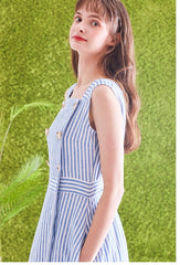 Striped Linen Midi Dress with Square Neckline, Waist Tie, and Double-Breasted Button Detail