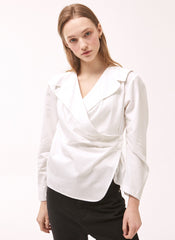 Women's White Linen Wrap Blouse – Long Sleeve V-Neck Linen Shirt with Tailored Button Detail