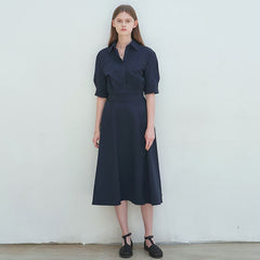 Cotton Poplin Midi Shirt Dress with Elbow-Length Sleeves and Structured Fit-and-Flare Silhouette
