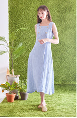 Striped Linen Midi Dress with Square Neckline, Waist Tie, and Double-Breasted Button Detail