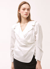 Women's White Linen Wrap Blouse – Long Sleeve V-Neck Linen Shirt with Tailored Button Detail