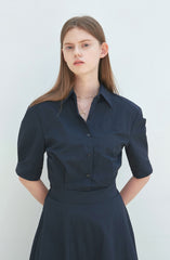 Cotton Poplin Midi Shirt Dress with Elbow-Length Sleeves and Structured Fit-and-Flare Silhouette