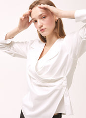 Women's White Linen Wrap Blouse – Long Sleeve V-Neck Linen Shirt with Tailored Button Detail