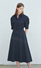 Cotton Poplin Midi Shirt Dress with Elbow-Length Sleeves and Structured Fit-and-Flare Silhouette