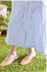 Striped Linen Midi Dress with Square Neckline, Waist Tie, and Double-Breasted Button Detail