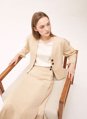 A-Line Linen Midi Skirt with Overlap Front and High Waist for Polished Everyday Elegance