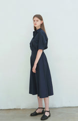 Cotton Poplin Midi Shirt Dress with Elbow-Length Sleeves and Structured Fit-and-Flare Silhouette