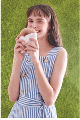 Striped Linen Midi Dress with Square Neckline, Waist Tie, and Double-Breasted Button Detail