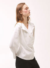 Women's White Linen Wrap Blouse – Long Sleeve V-Neck Linen Shirt with Tailored Button Detail