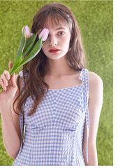 Striped Linen Midi Dress with Square Neckline, Waist Tie, and Double-Breasted Button Detail