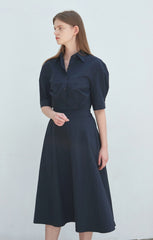 Cotton Poplin Midi Shirt Dress with Elbow-Length Sleeves and Structured Fit-and-Flare Silhouette