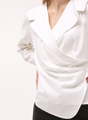 Women's White Linen Wrap Blouse – Long Sleeve V-Neck Linen Shirt with Tailored Button Detail