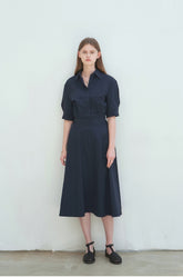 Cotton Poplin Midi Shirt Dress with Elbow-Length Sleeves and Structured Fit-and-Flare Silhouette